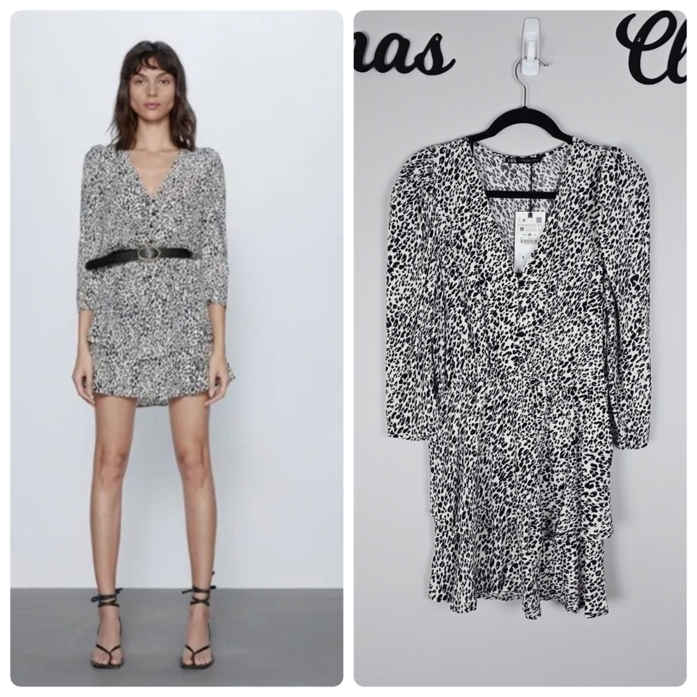 Zara Animal Print Mini Dress‎ Black And White Cheetah Print Size Medium NWT